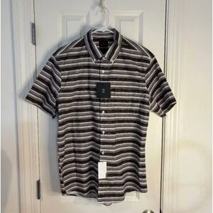 14th & Union Men's Trim Fit Short Sleeve Button Down Shirt Grey Sketch Stripe Lg
